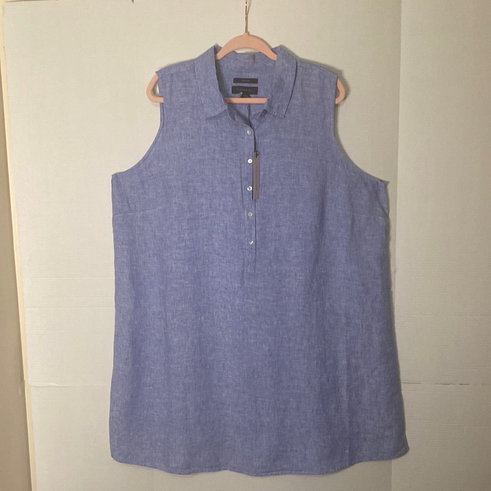 Tahari Linen Sleeveless Button-Front Blue Dress. Size 2X